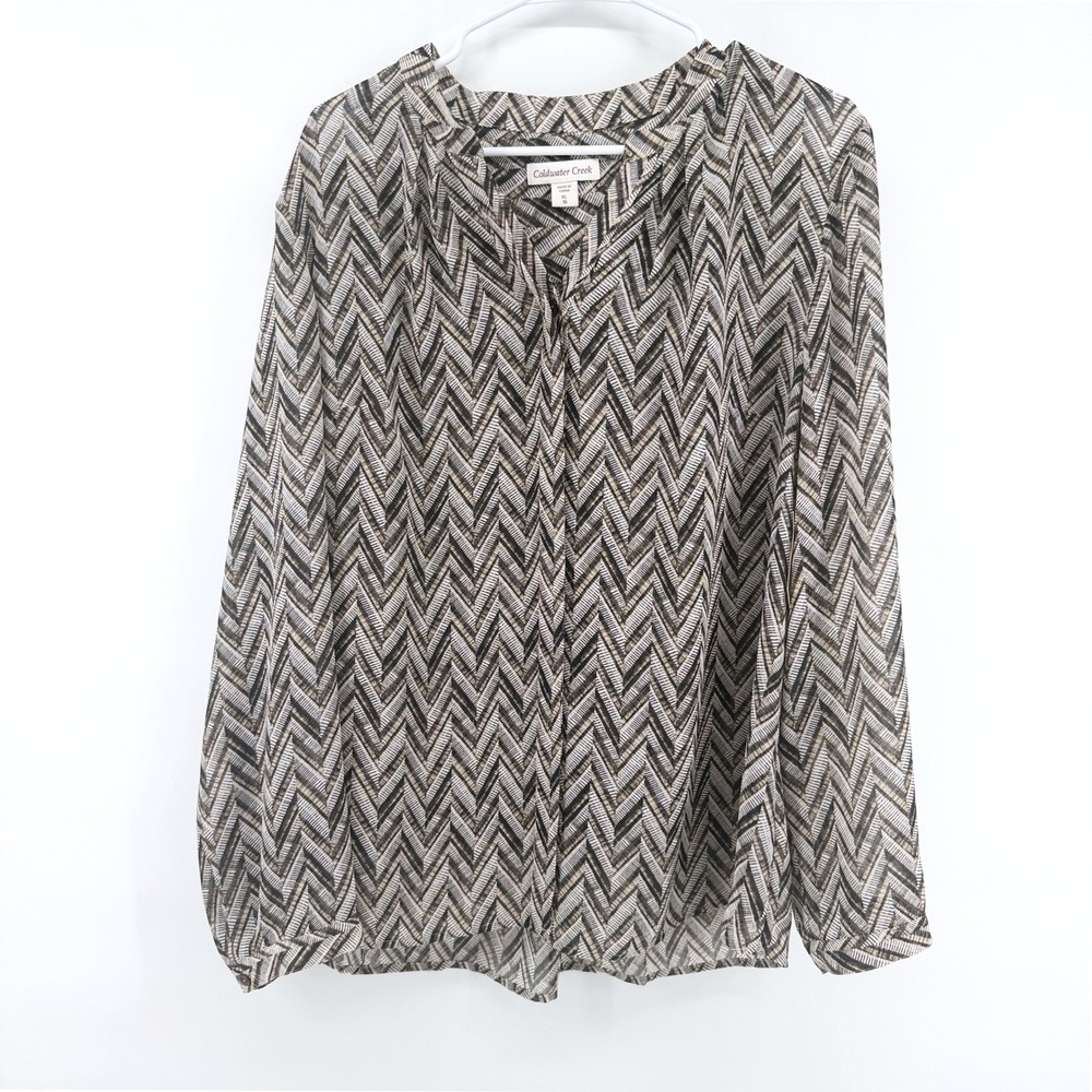 Coldwater Creek Herringbone Blouse Chevron Print XL Brown Womens NWT Career